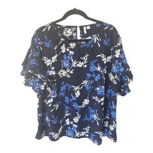 Elle Blouse Women XL Blue White Floral Ruffle Short Sleeve Colorful Flowy